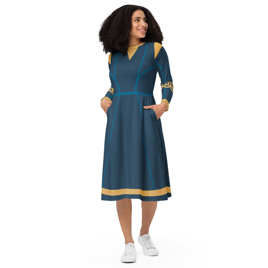 Brave Superhero Princess Costume (Blue) Long Sleeve Midi Dress