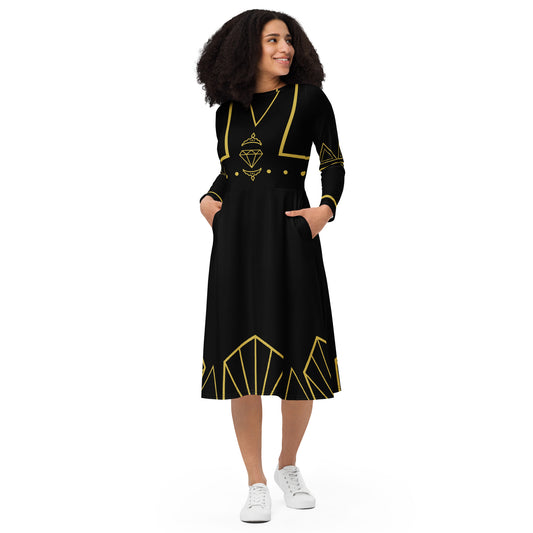 Futuristic Princess Costume (Black) Long Sleeve Midi Dress