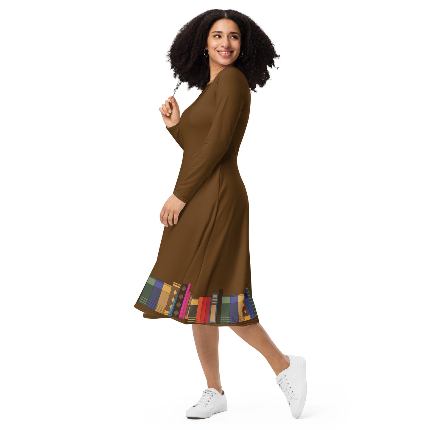 Books! (Brown) Long Sleeve Midi Dress Kamar-Taj Library