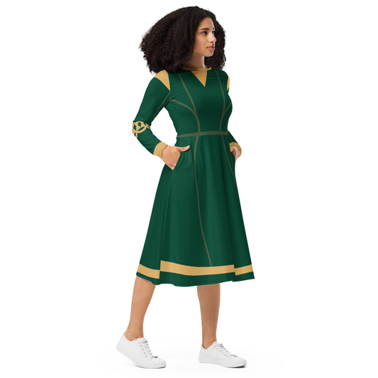 Brave Superhero Princess Costume (Green) Long Sleeve Midi Dress
