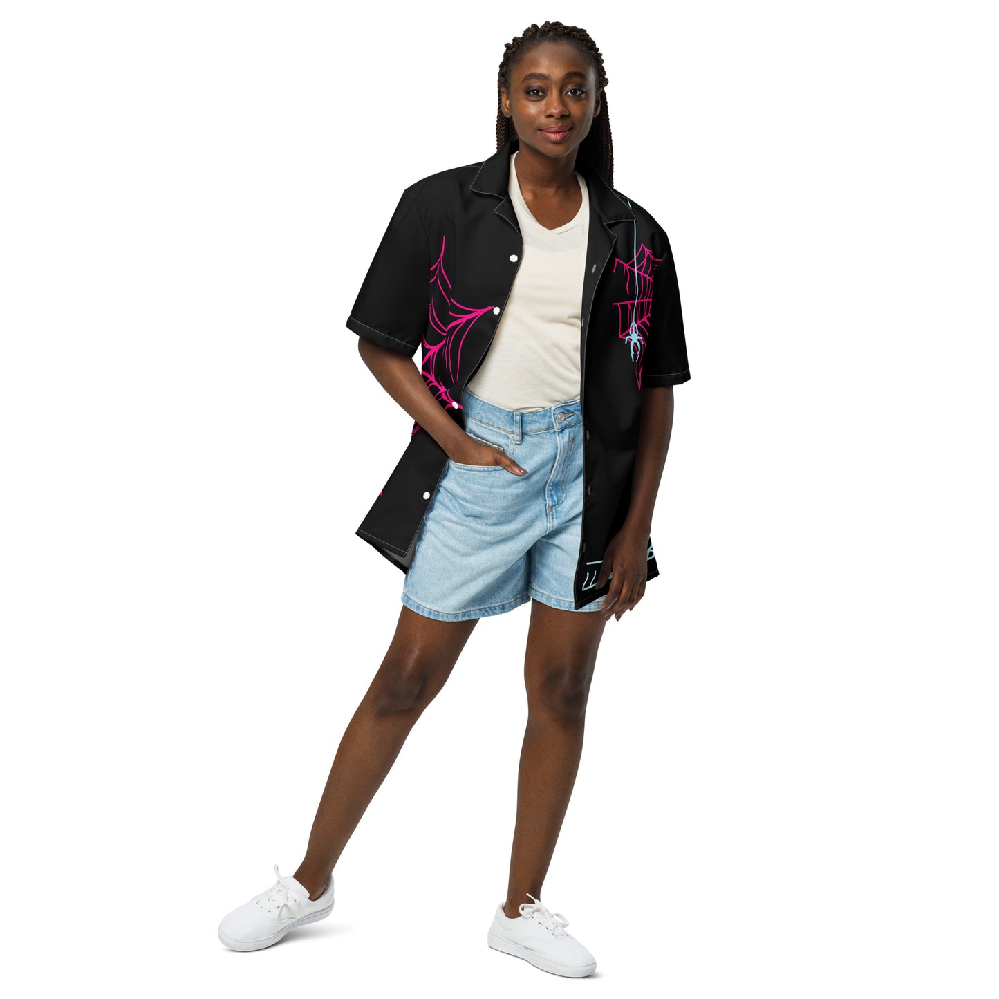 Spider-Gwen Webs (Black) Short Sleeve Button Shirt