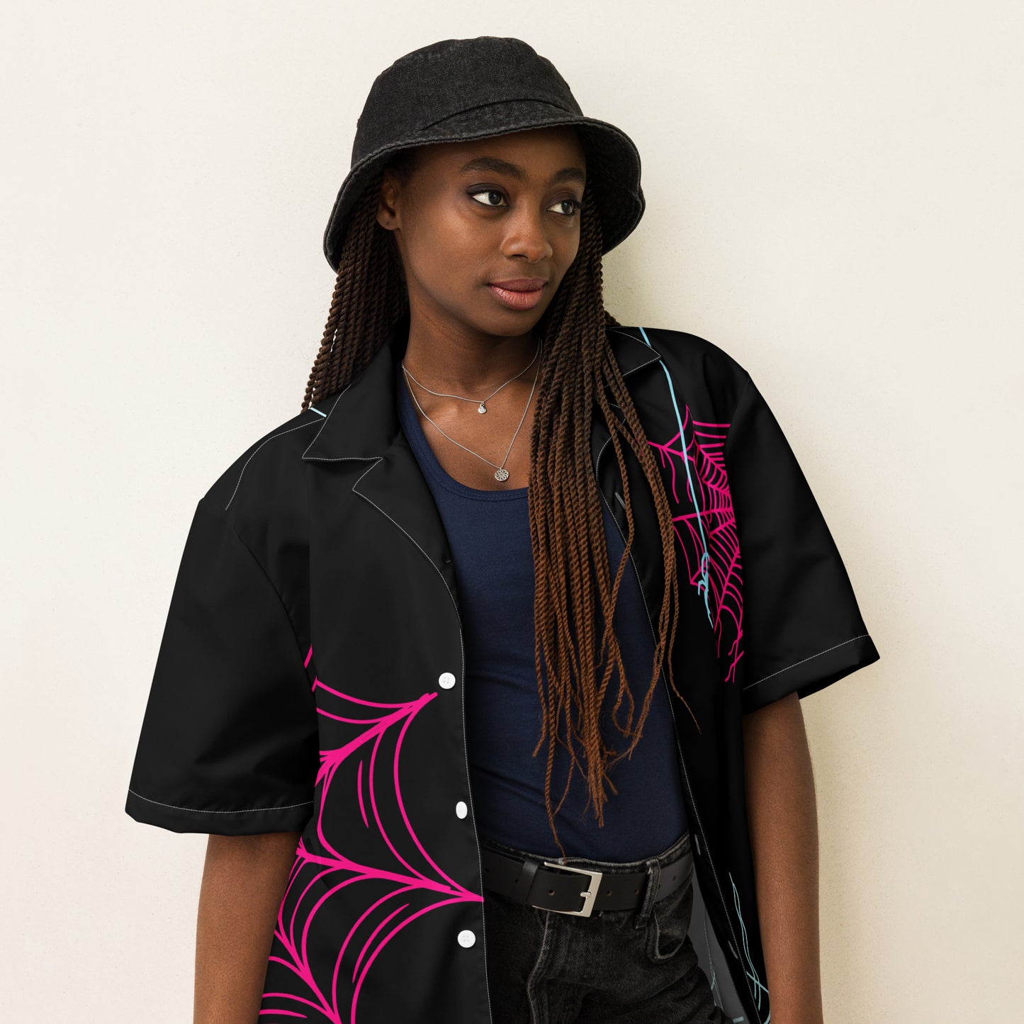 Spider-Gwen Webs (Black) Short Sleeve Button Shirt