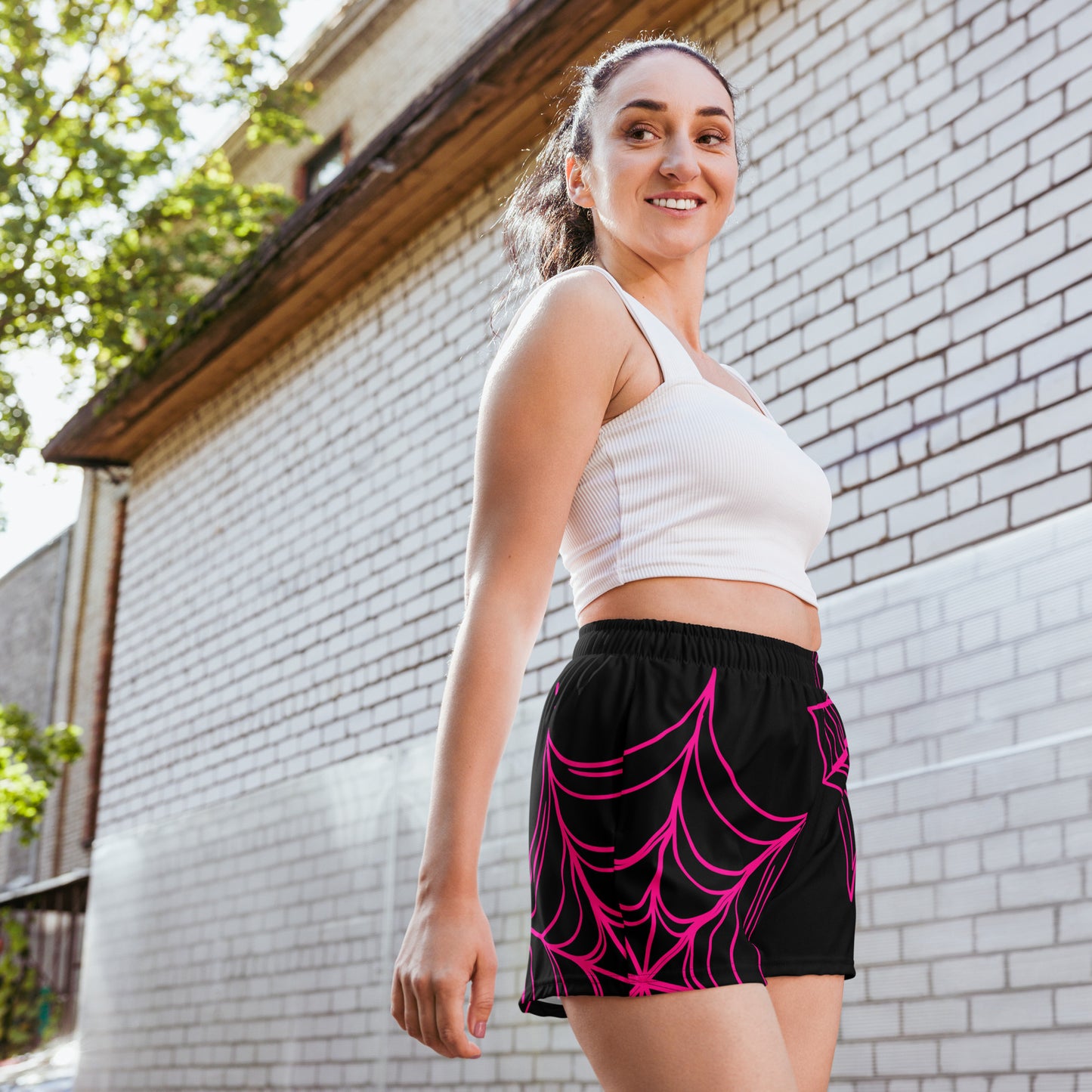 Spider-Gwen Webs (Black) Women’s Recycled Athletic Shorts