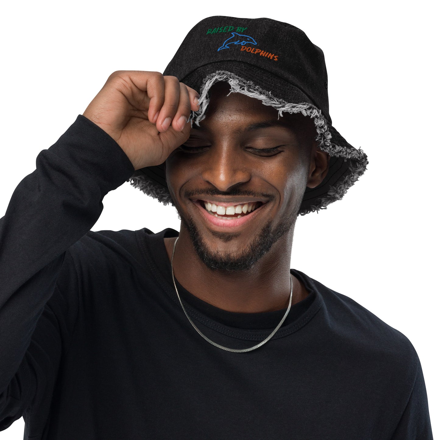 Raised By Dolphins Embroidered Distressed Denim Bucket Hat