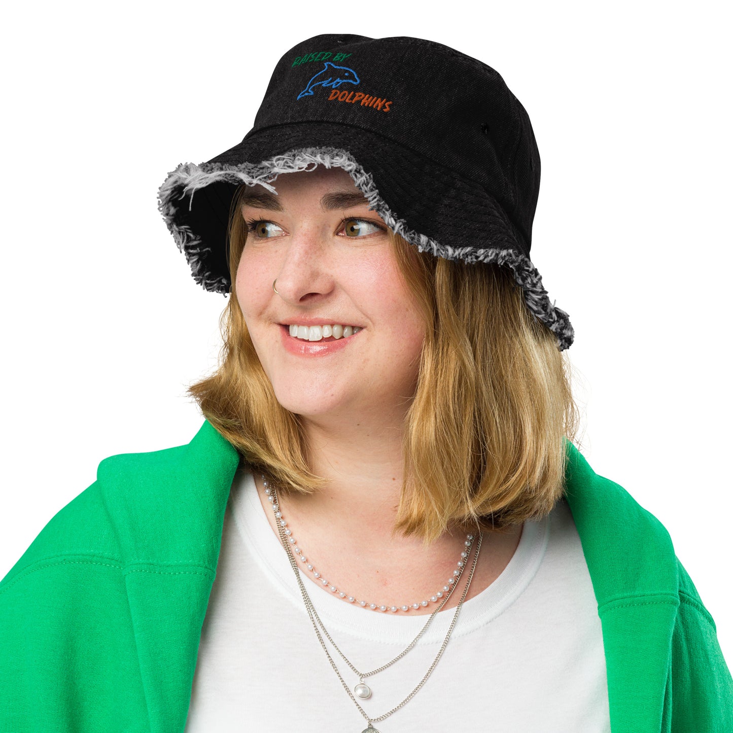 Raised By Dolphins Embroidered Distressed Denim Bucket Hat