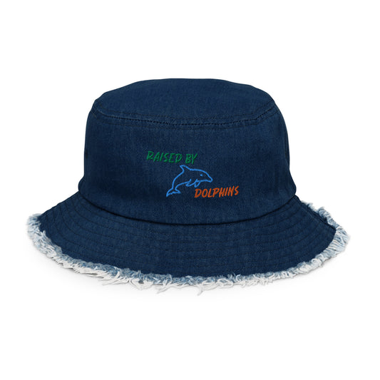 Raised By Dolphins Distressed Denim Embroidered Bucket Hat