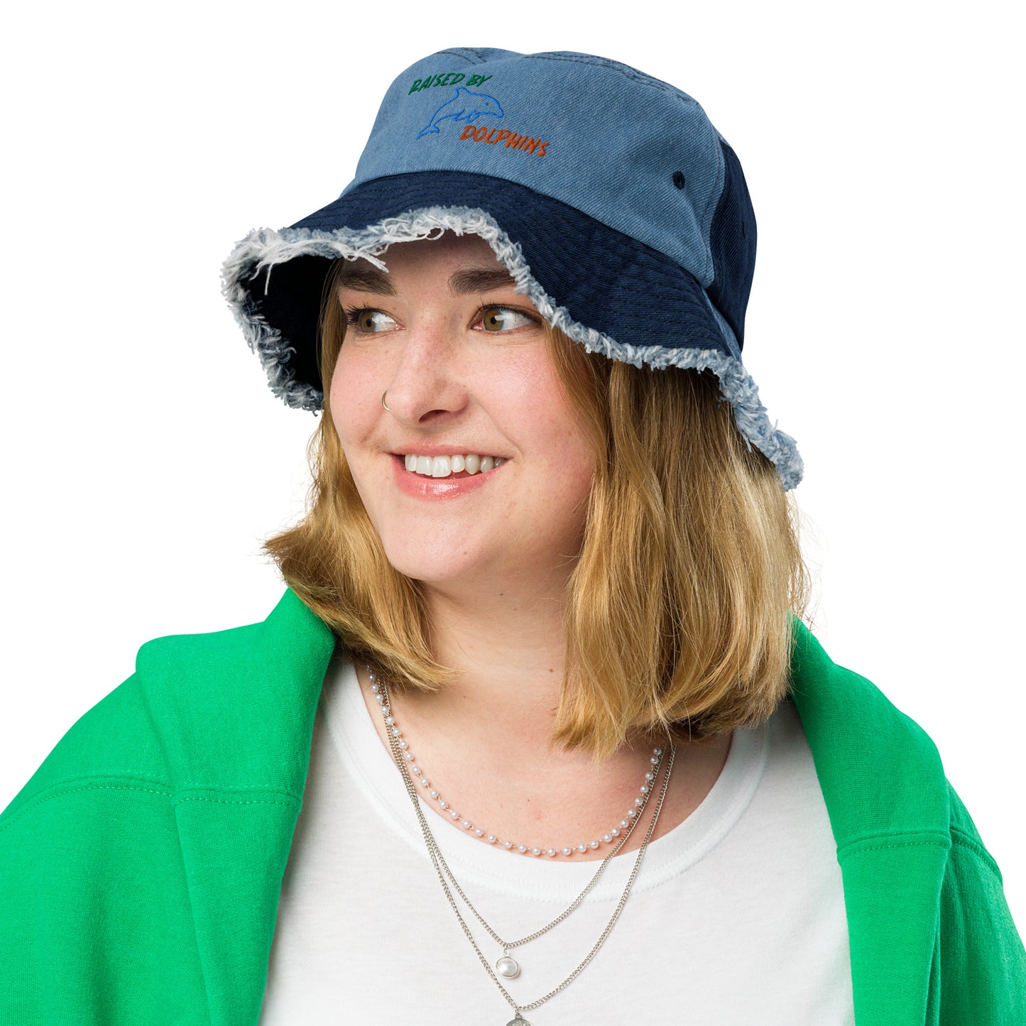 Raised By Dolphins Embroidered Distressed Denim Bucket Hat