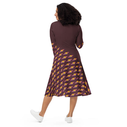 Intergalactic Lightning Bolt (Burgundy) Long Sleeve Midi Dress