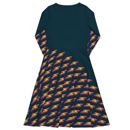 Intergalactic Lightning Bolt (Dark Blue) Long Sleeve Midi Dress