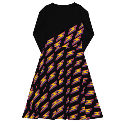 Intergalactic Lightning Bolt (Black) Long Sleeve Midi Dress