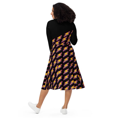 Intergalactic Lightning Bolt (Black) Long Sleeve Midi Dress