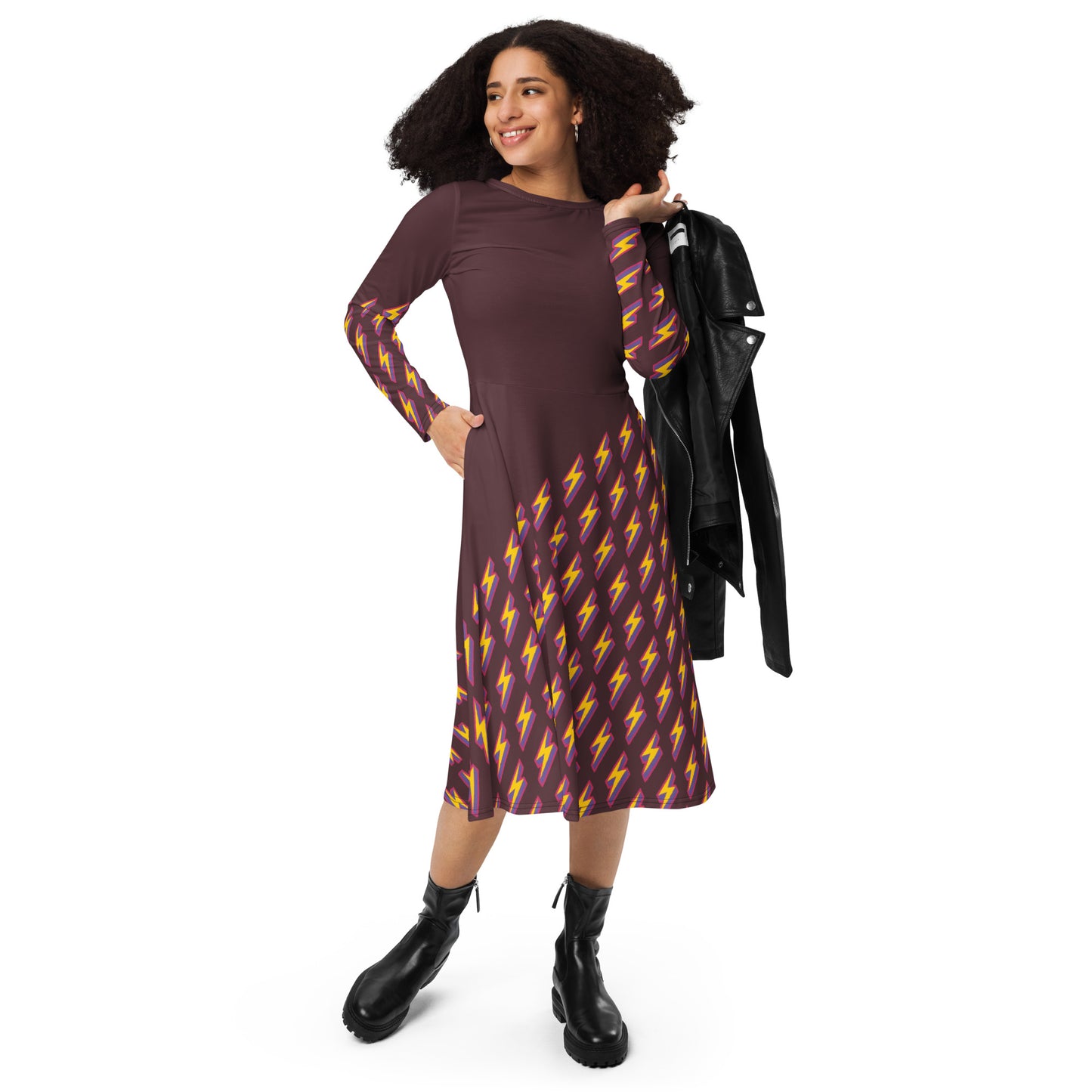 Intergalactic Lightning Bolt (Burgundy) Long Sleeve Midi Dress