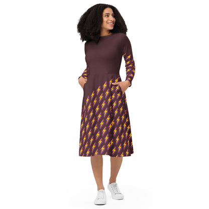 Intergalactic Lightning Bolt (Burgundy) Long Sleeve Midi Dress