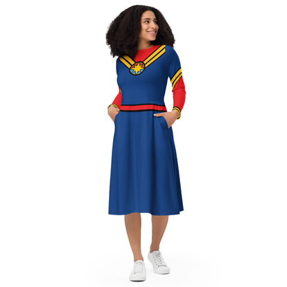 Captain Carol Danvers Costume Long Sleeve Midi Dress