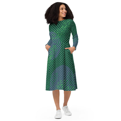 Queen of Atlantis Costume Long Sleeve Midi Dress