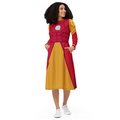 Tony Stark Iron Man Costume Long Sleeve Midi Dress