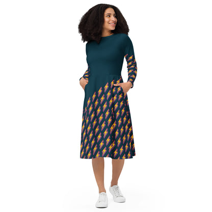 Intergalactic Lightning Bolt (Dark Blue) Long Sleeve Midi Dress