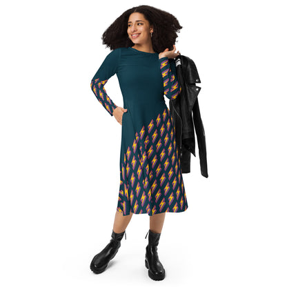 Intergalactic Lightning Bolt (Dark Blue) Long Sleeve Midi Dress