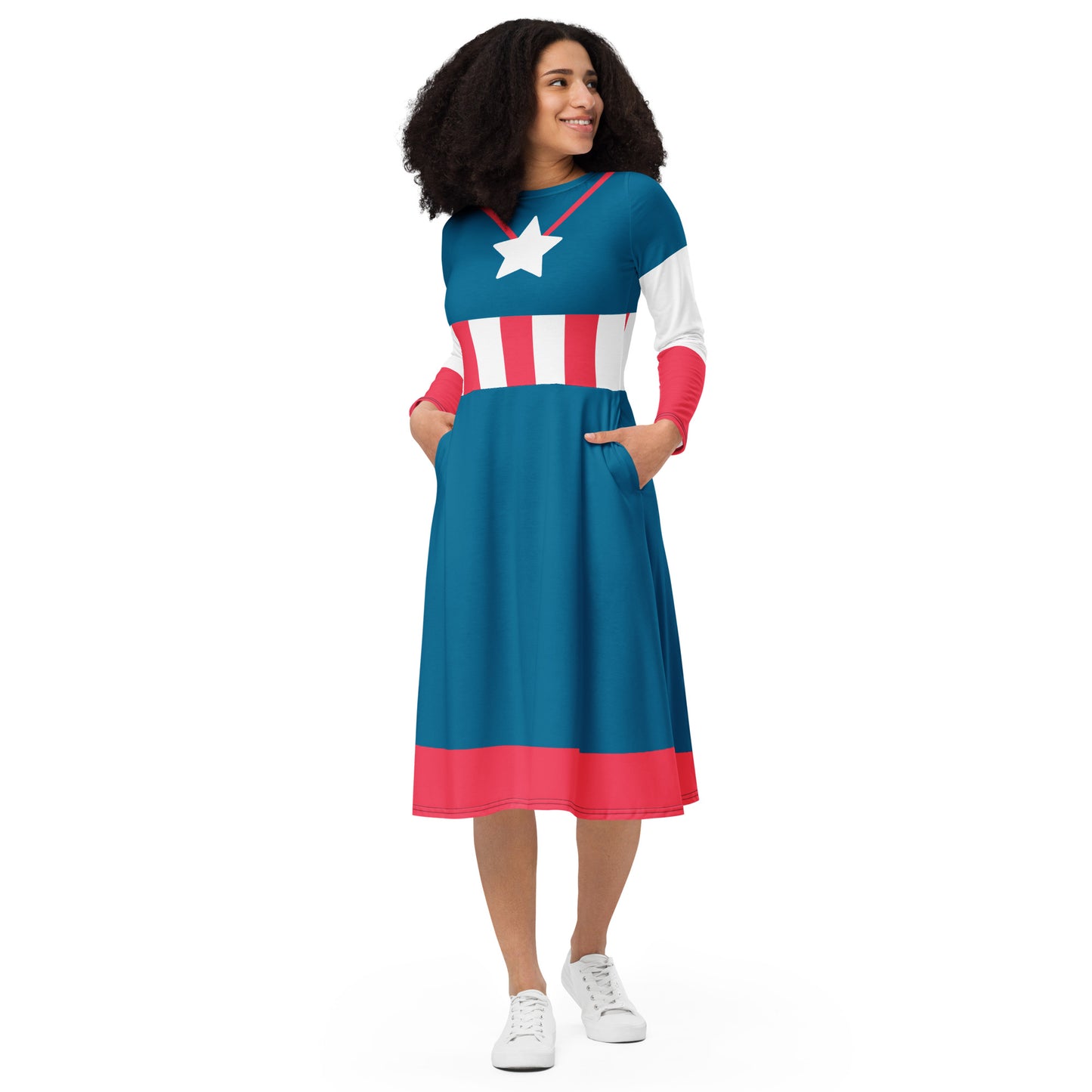 Steve Rogers Costume Long Sleeve Midi Dress