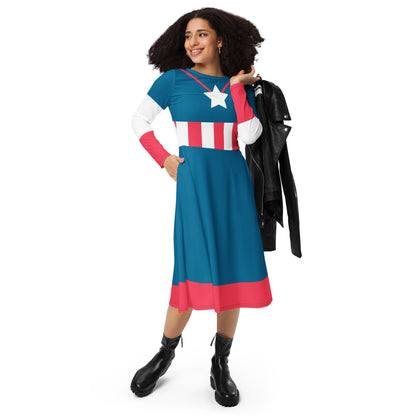 Steve Rogers Costume Long Sleeve Midi Dress