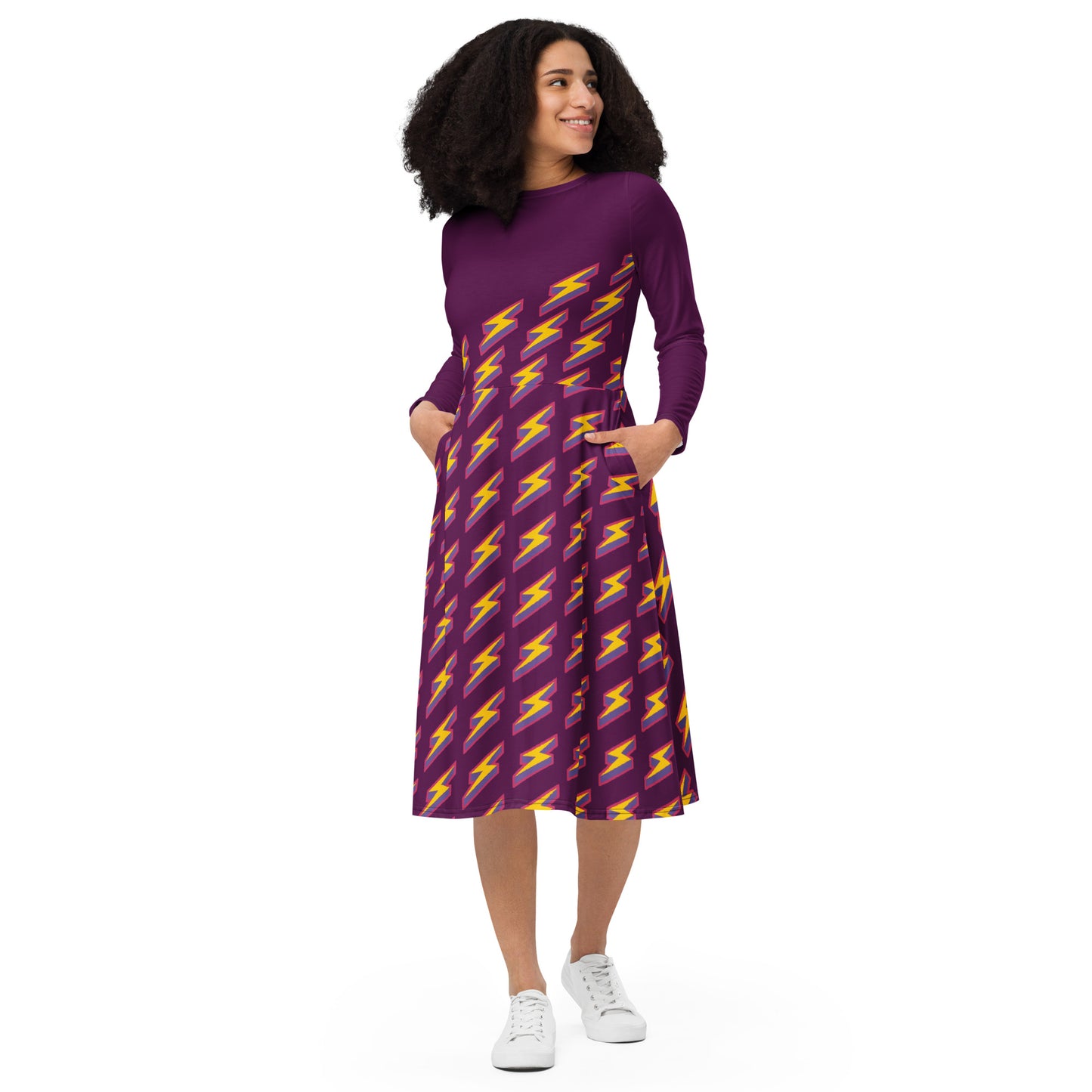 Intergalactic Lightning Bolt (Purple) Long Sleeve Midi Dress