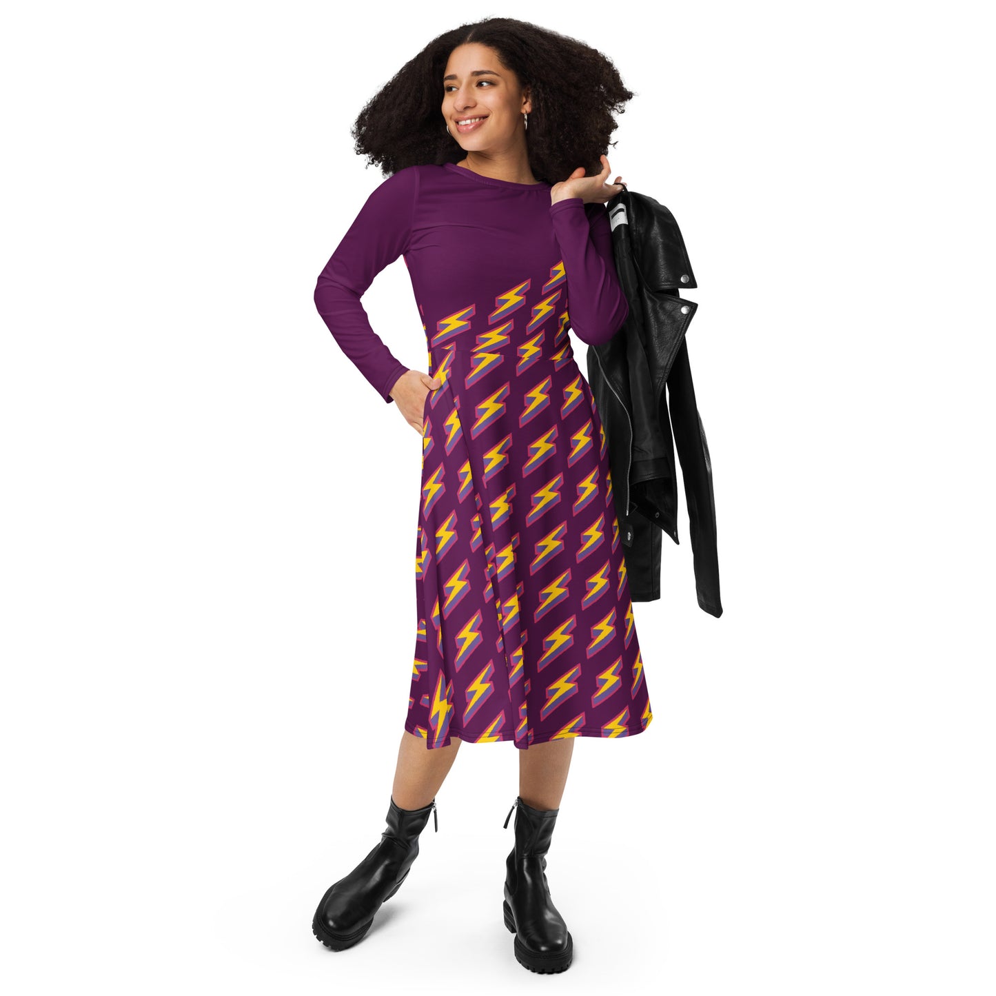 Intergalactic Lightning Bolt (Purple) Long Sleeve Midi Dress