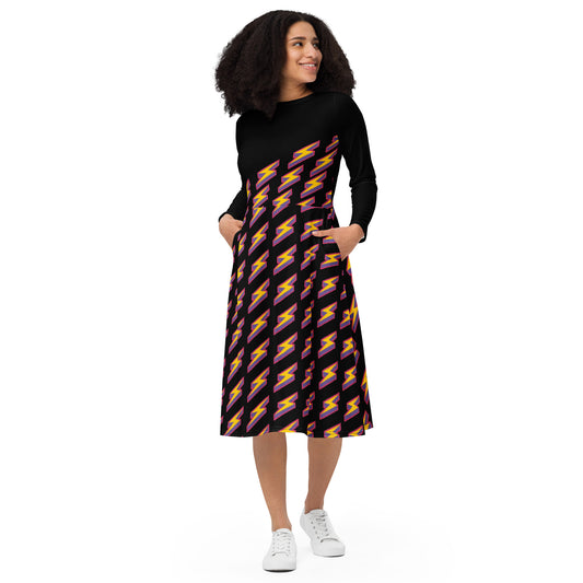 Intergalactic Lightning Bolt (Black) Long Sleeve Midi Dress