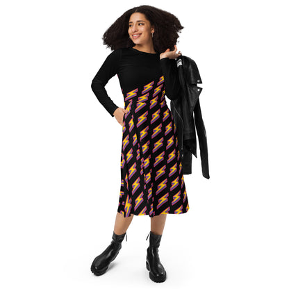 Intergalactic Lightning Bolt (Black) Long Sleeve Midi Dress