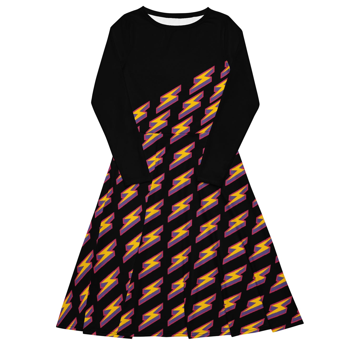 Intergalactic Lightning Bolt (Black) Long Sleeve Midi Dress