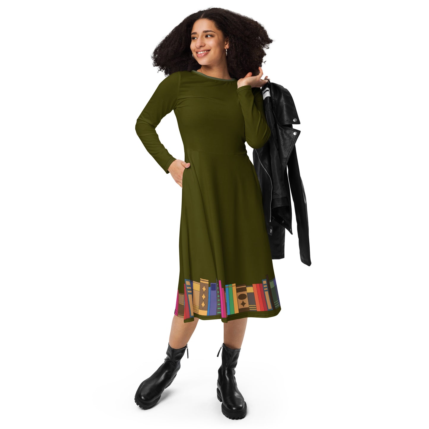 Kamar-Taj Library (Dark Green) Long Sleeve Midi Dress