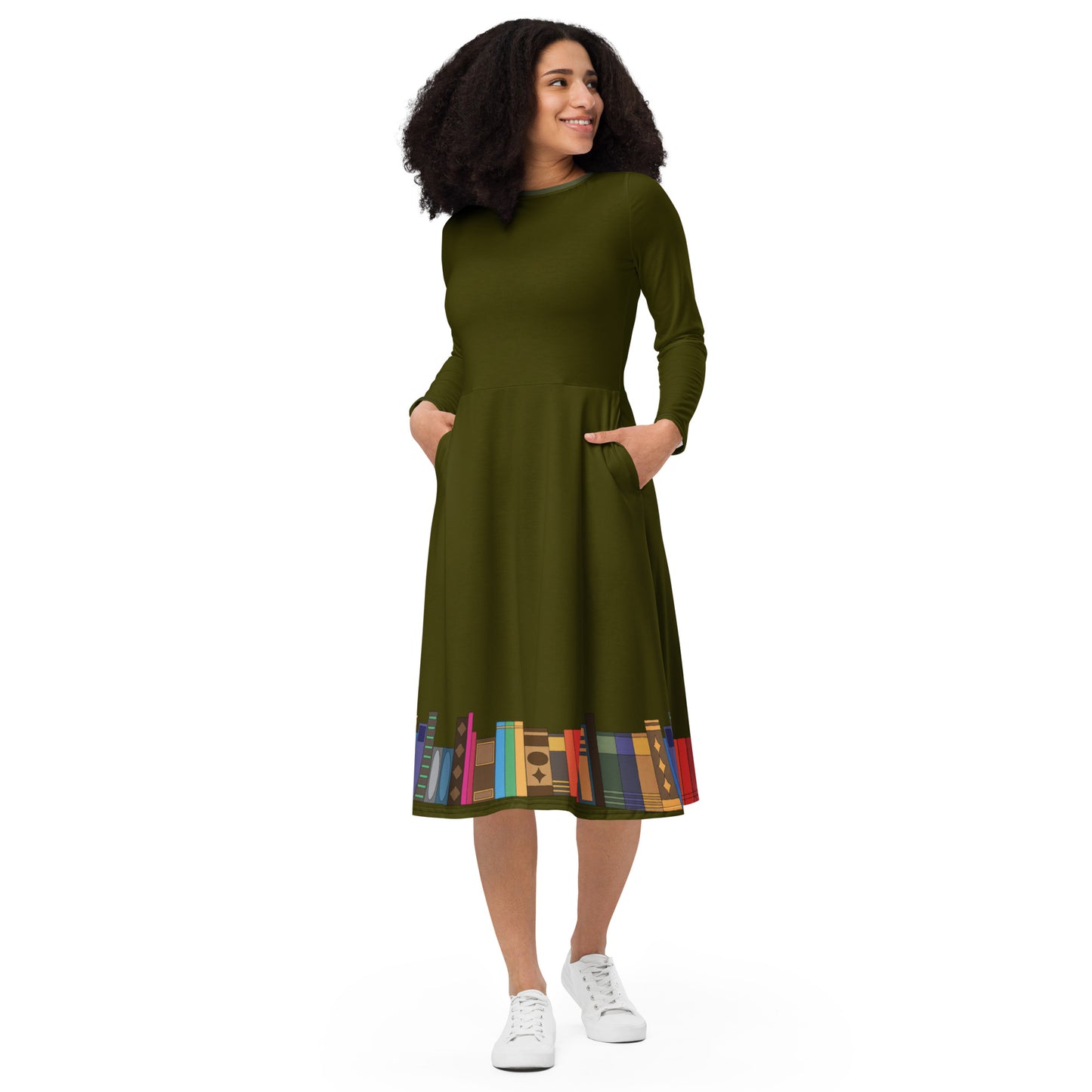 Kamar-Taj Library (Dark Green) Long Sleeve Midi Dress