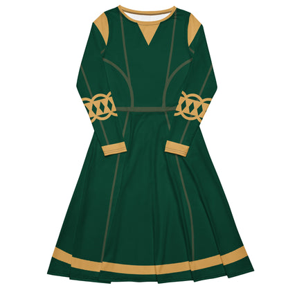 Brave Superhero Princess Costume (Green) Long Sleeve Midi Dress