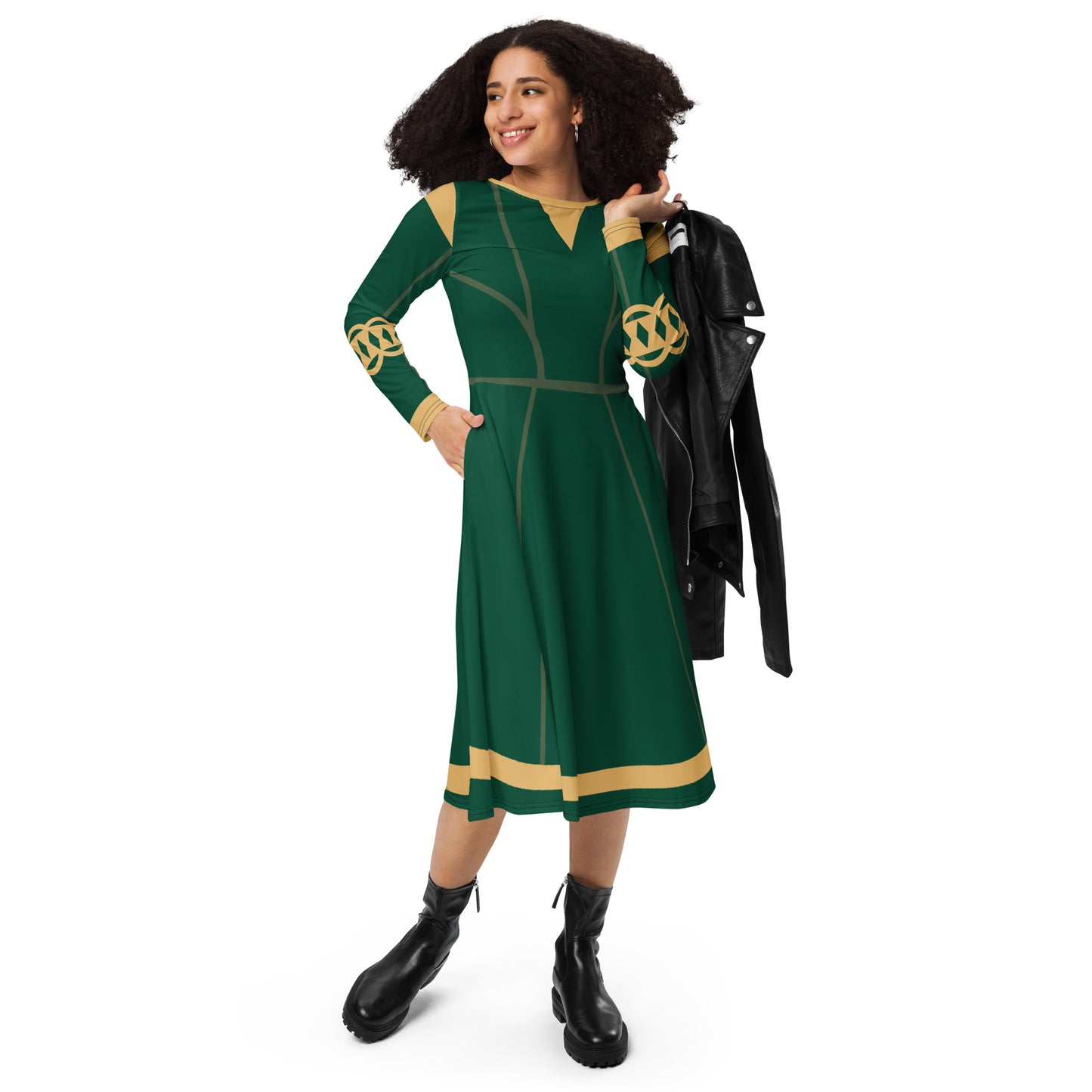 Brave Superhero Princess Costume (Green) Long Sleeve Midi Dress