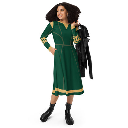 Brave Superhero Princess Costume (Green) Long Sleeve Midi Dress