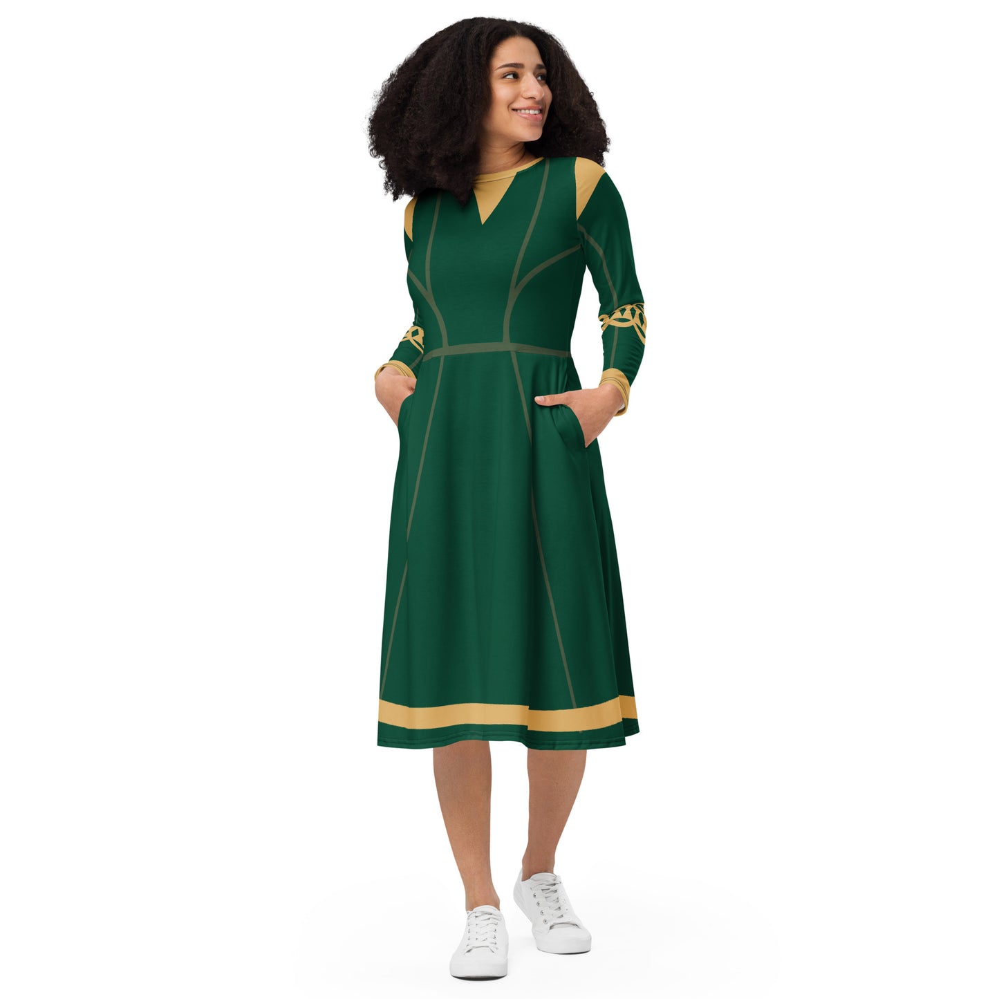 Brave Superhero Princess Costume (Green) Long Sleeve Midi Dress