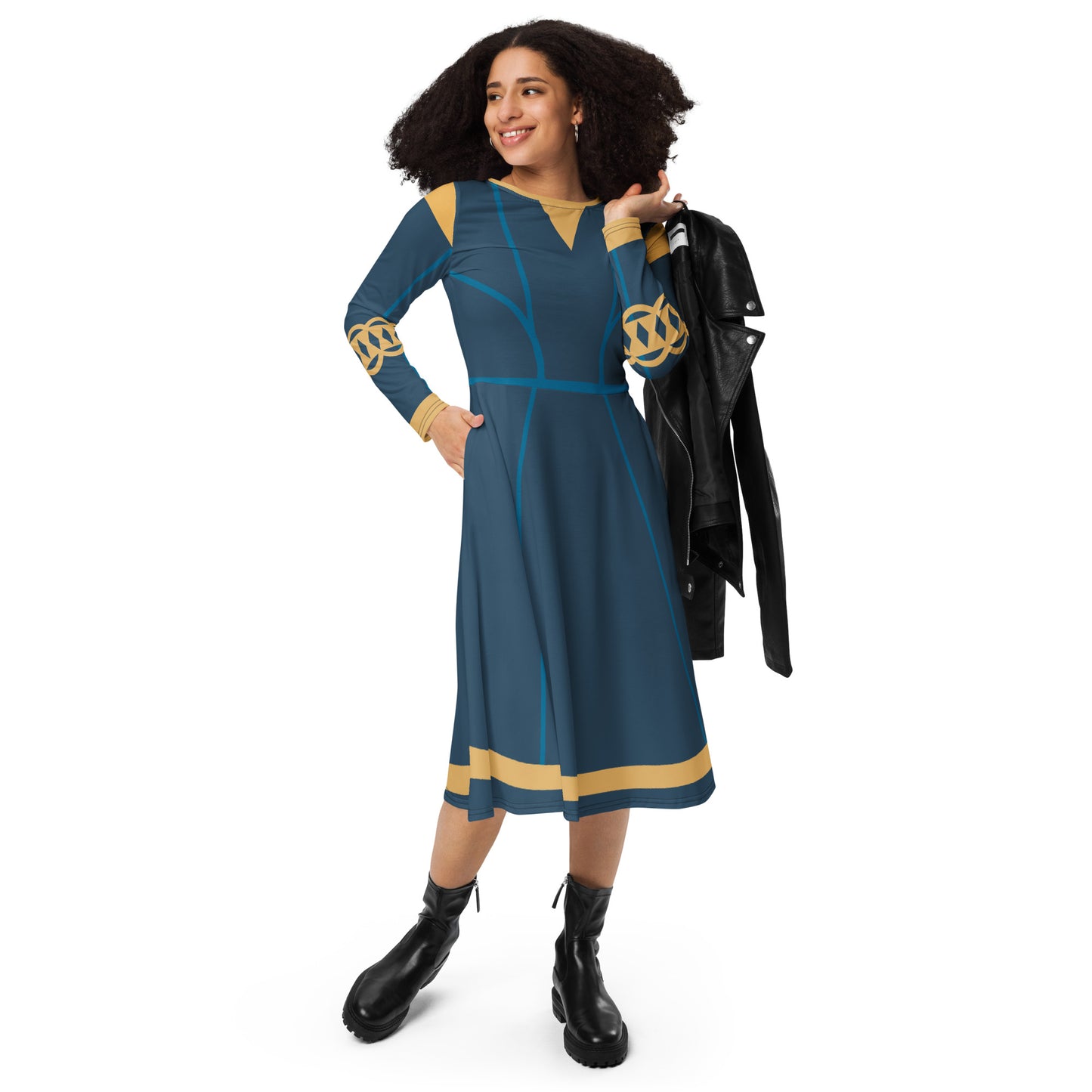 Brave Superhero Princess Costume (Blue) Long Sleeve Midi Dress