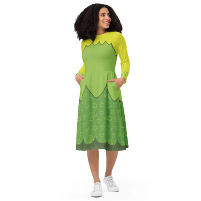 Tiana Frog Princess Costume Long Sleeve Midi Dress