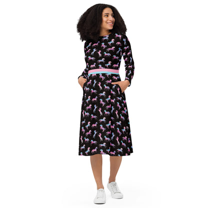 Ken Pink and Blue Barbie Horses Long Sleeve Midi Dress