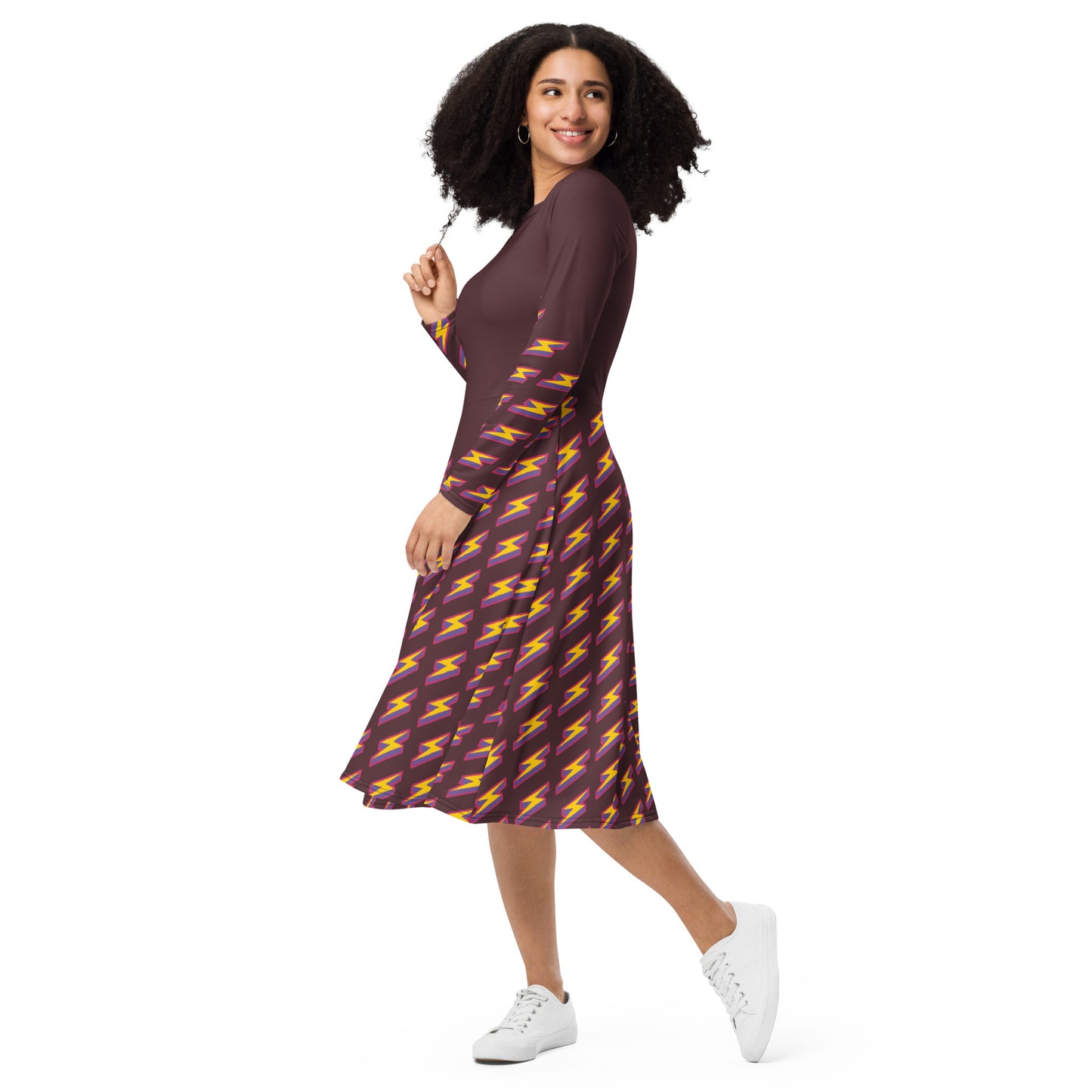 Intergalactic Lightning Bolt (Burgundy) Long Sleeve Midi Dress