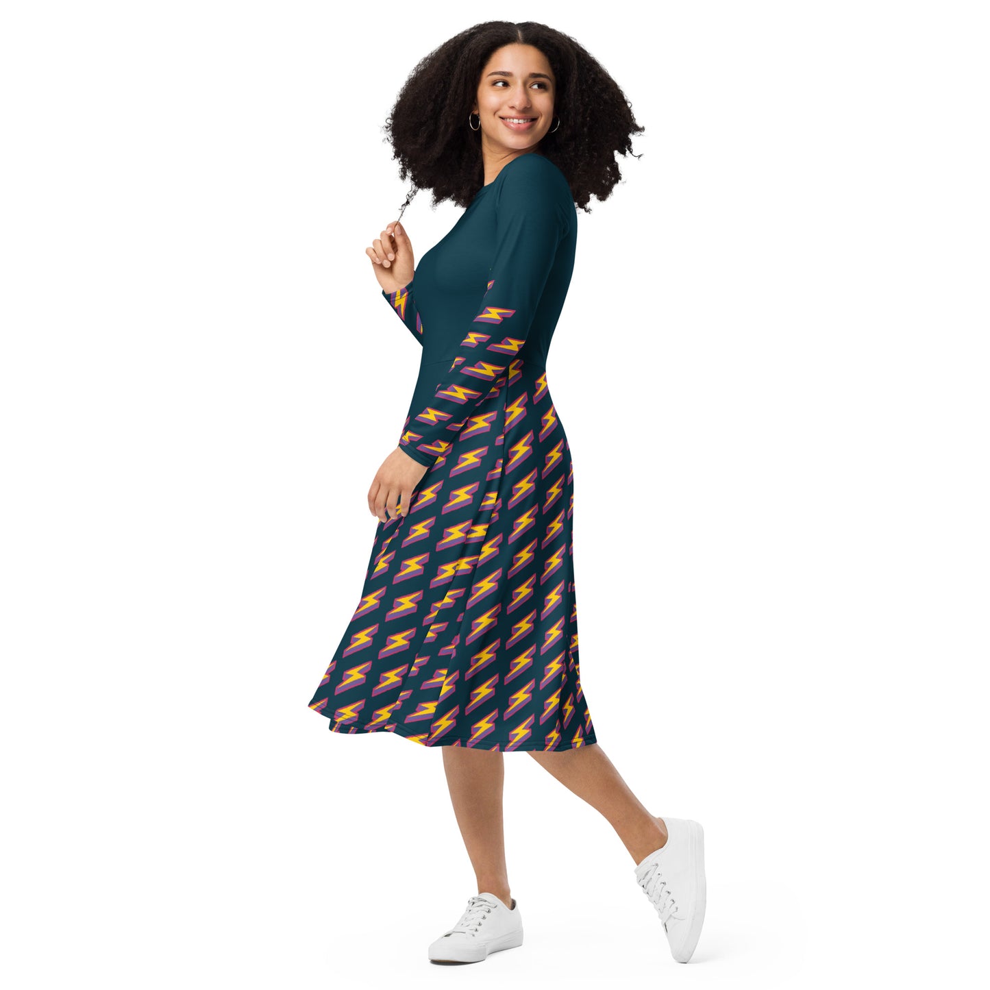 Intergalactic Lightning Bolt (Dark Blue) Long Sleeve Midi Dress