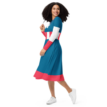 Steve Rogers Costume Long Sleeve Midi Dress