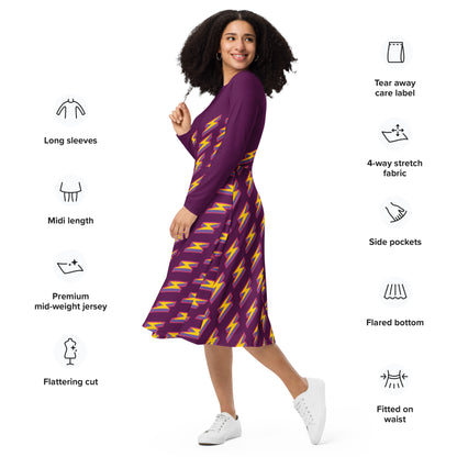 Intergalactic Lightning Bolt (Purple) Long Sleeve Midi Dress