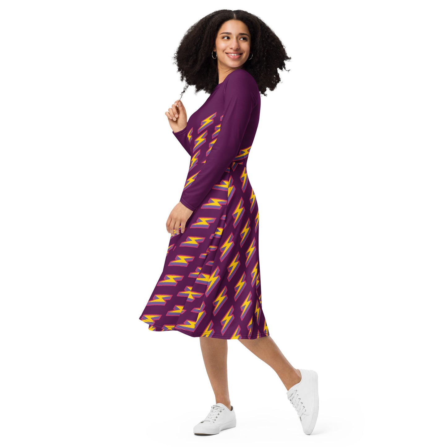 Intergalactic Lightning Bolt (Purple) Long Sleeve Midi Dress