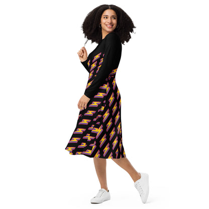 Intergalactic Lightning Bolt (Black) Long Sleeve Midi Dress