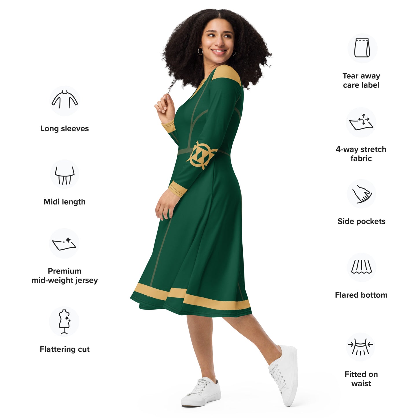 Brave Superhero Princess Costume (Green) Long Sleeve Midi Dress