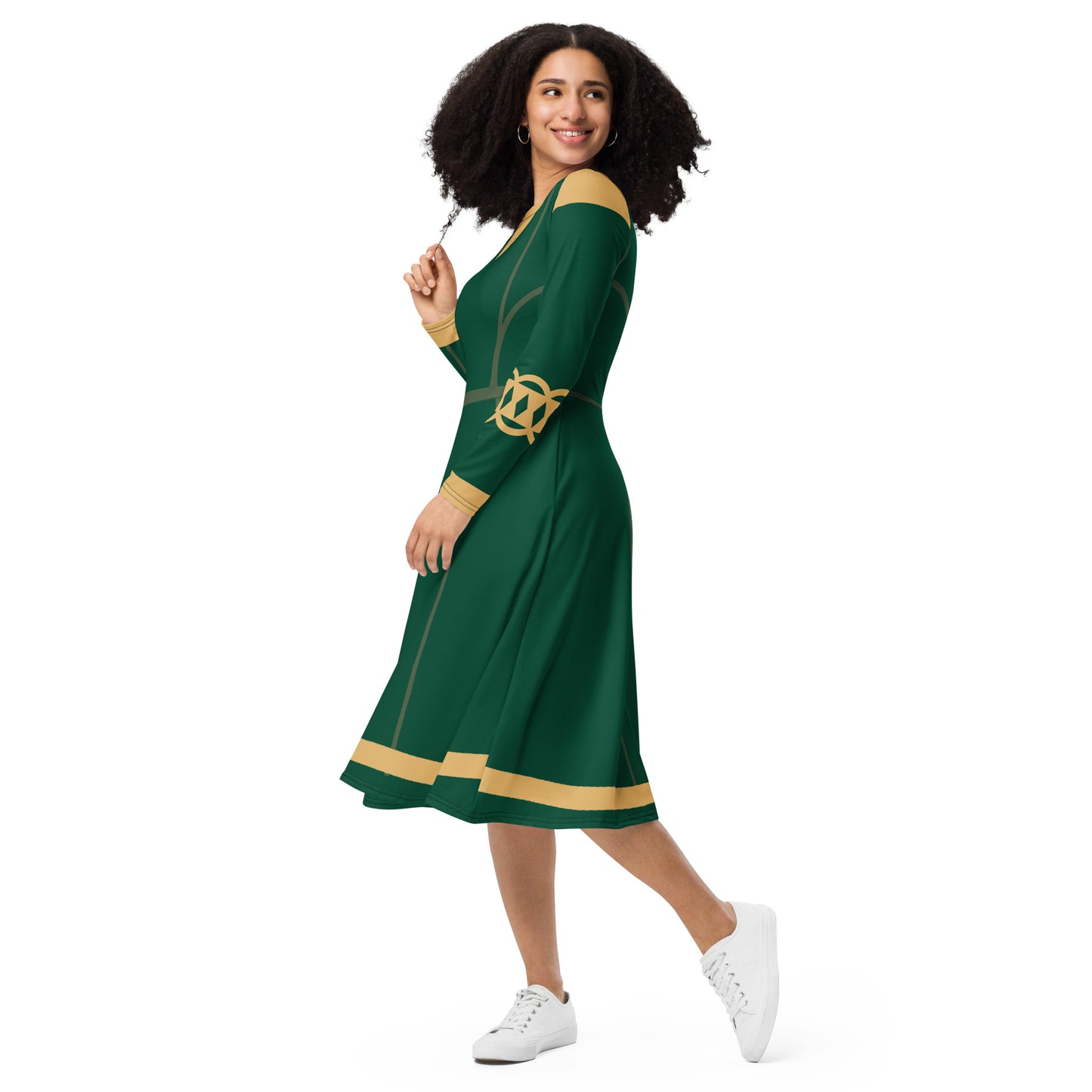 Brave Superhero Princess Costume (Green) Long Sleeve Midi Dress