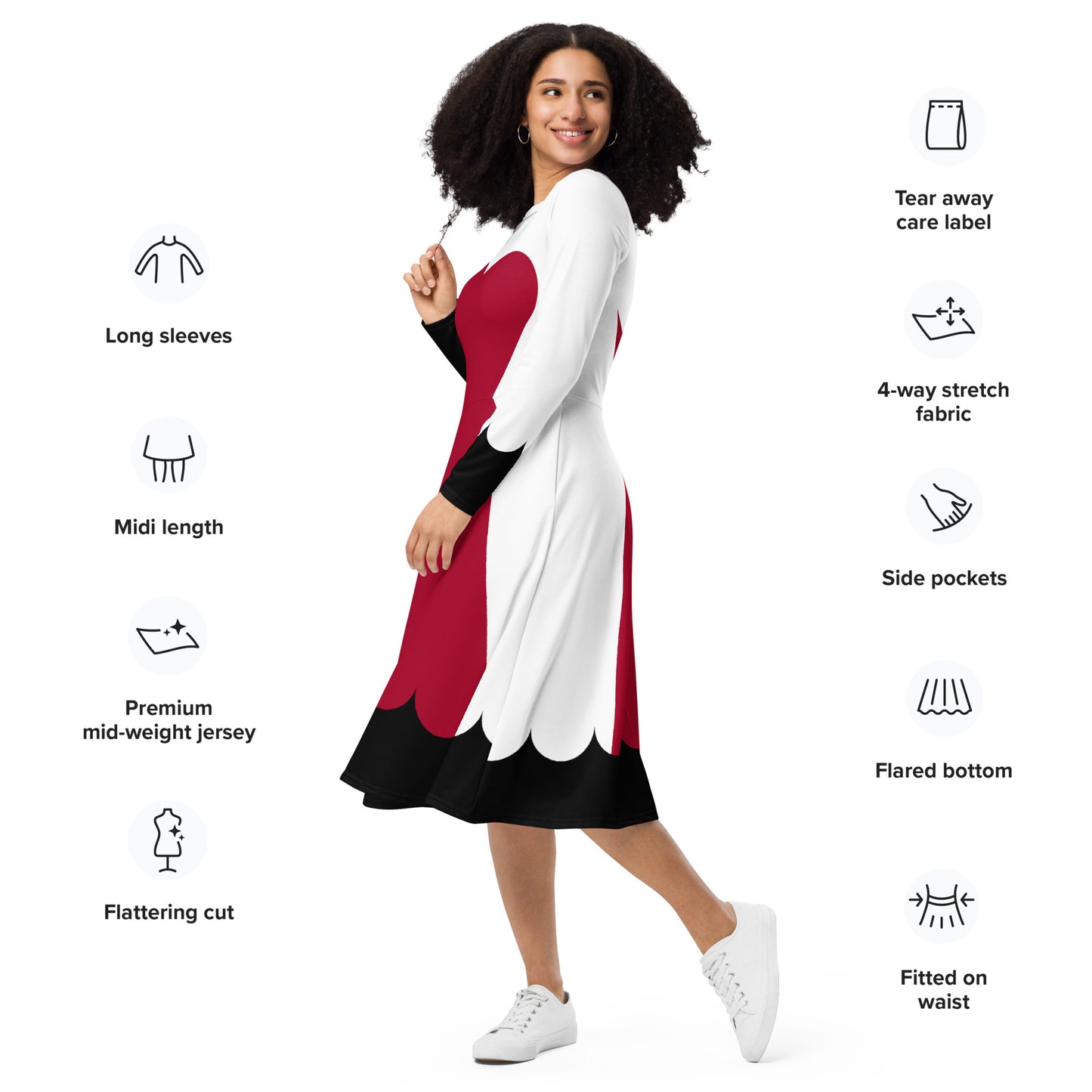 Queen of Hearts Costume Long Sleeve Midi Dress