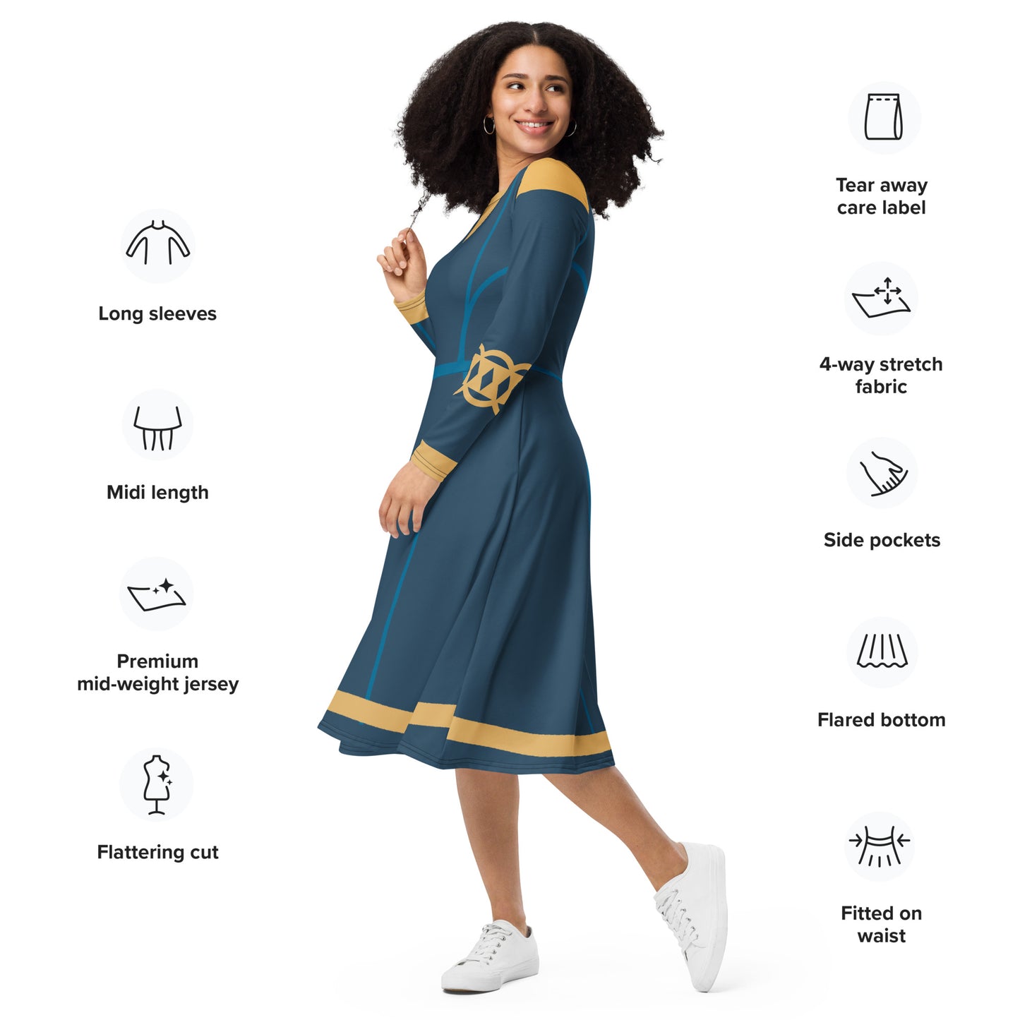 Brave Superhero Princess Costume (Blue) Long Sleeve Midi Dress