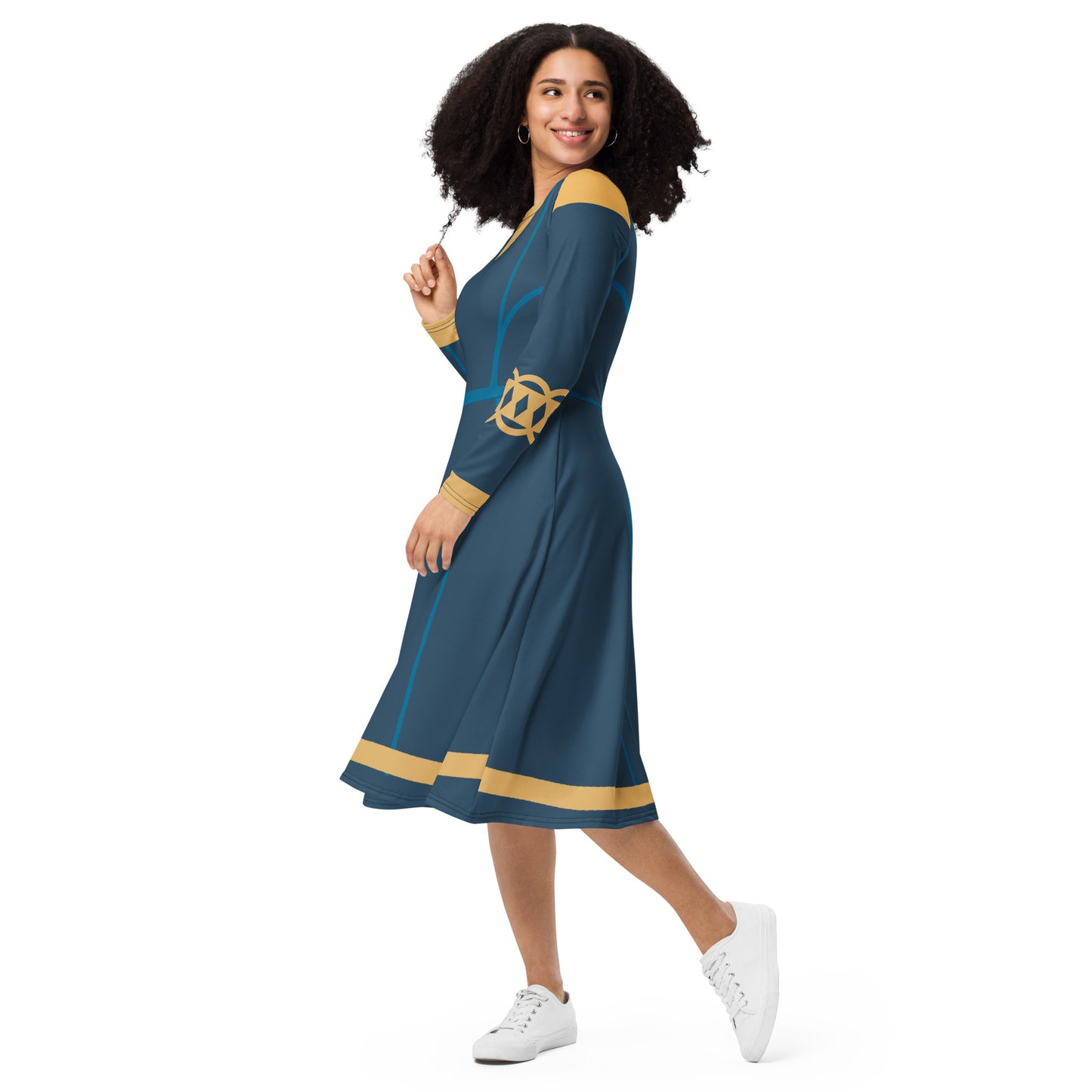 Brave Superhero Princess Costume (Blue) Long Sleeve Midi Dress