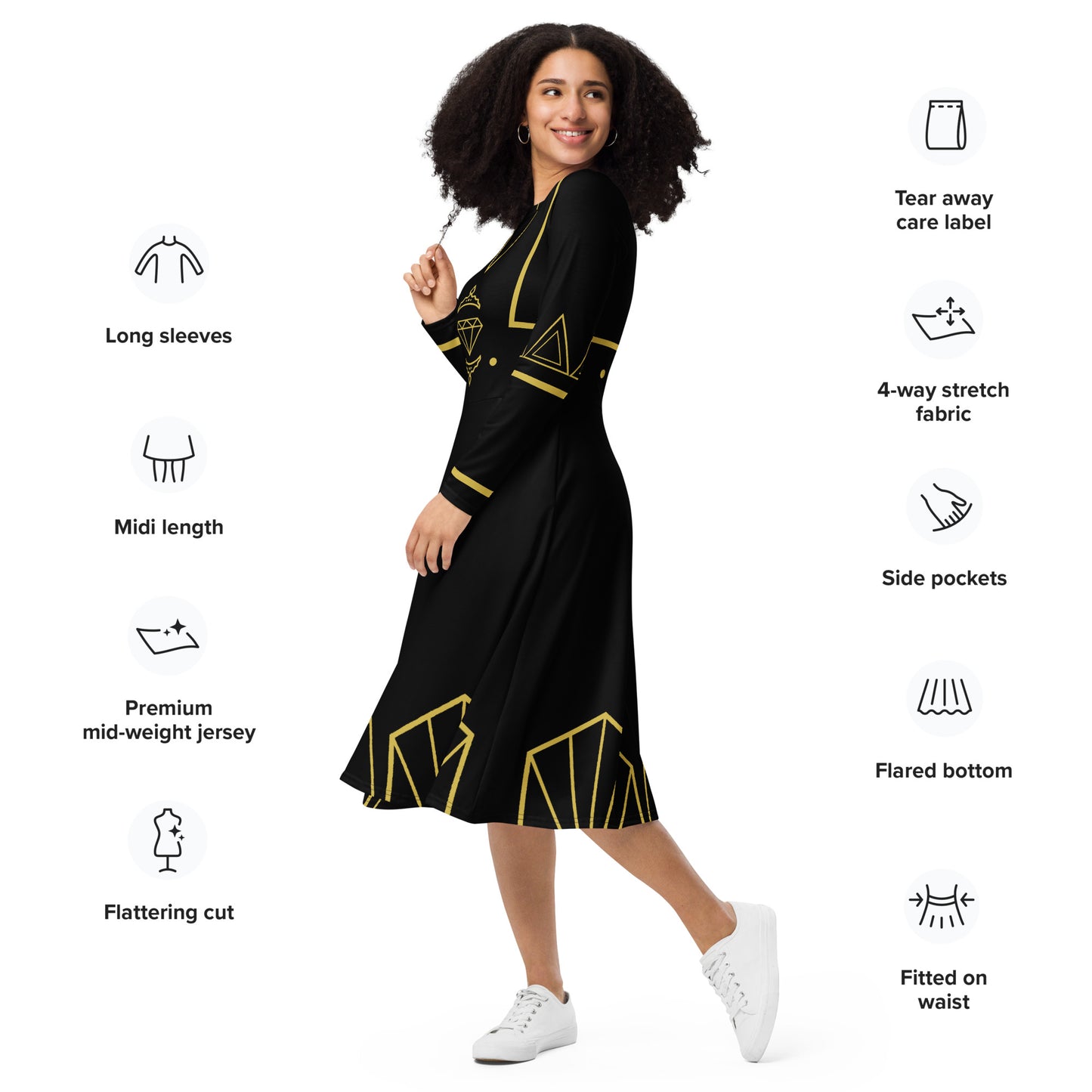 Futuristic Princess Costume (Black) Long Sleeve Midi Dress